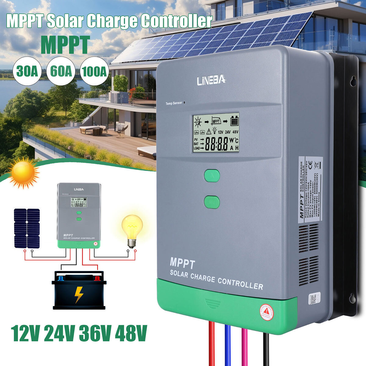 MPPT Solar Charge Controller Solar Panel Battery Regulator 12/24V Auto 100A LCD