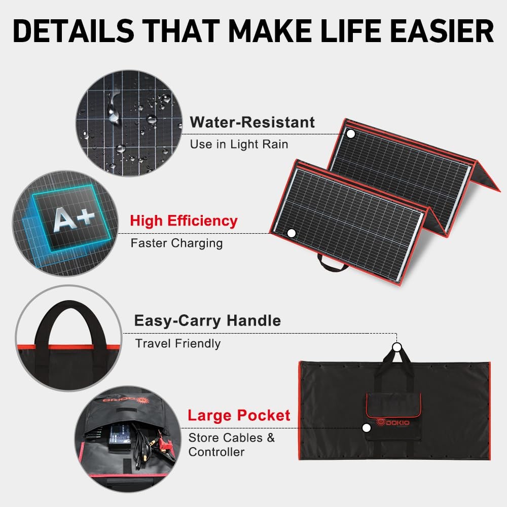 DOKIO 300W Portable Foldable Solar Panel Kit, Compact 12V 20x38in, Black