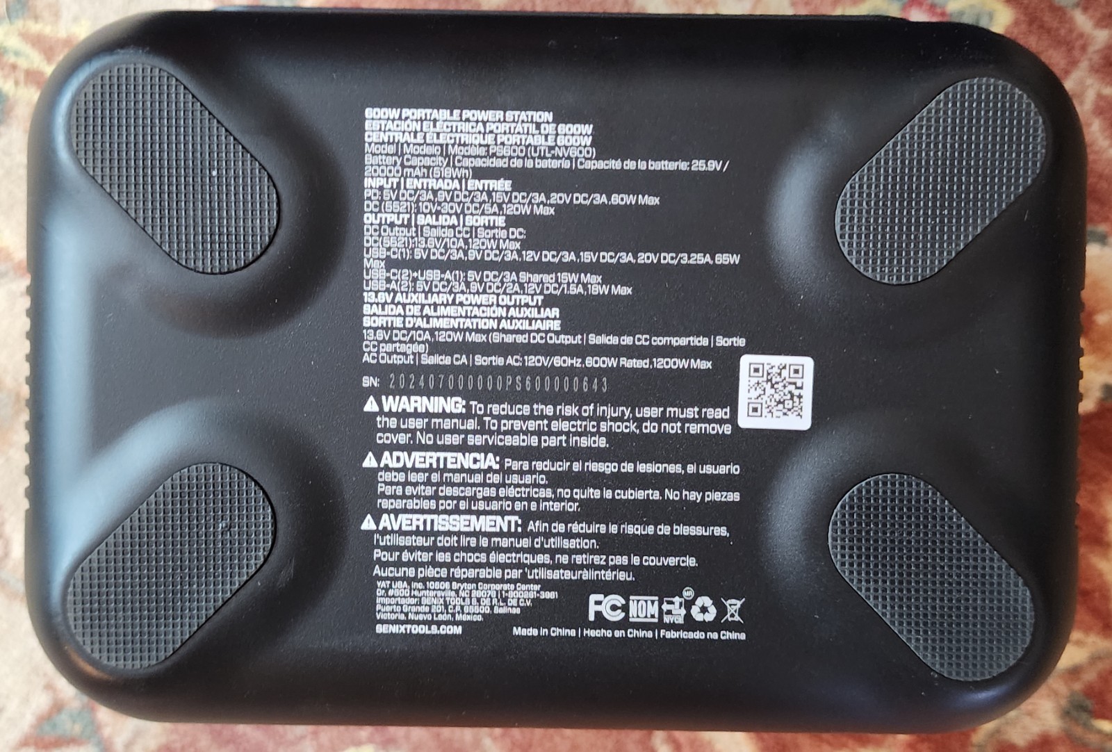 SENIX PS600 600W 1200W Peak Portable Power Station Pure Sine Wave USB-C