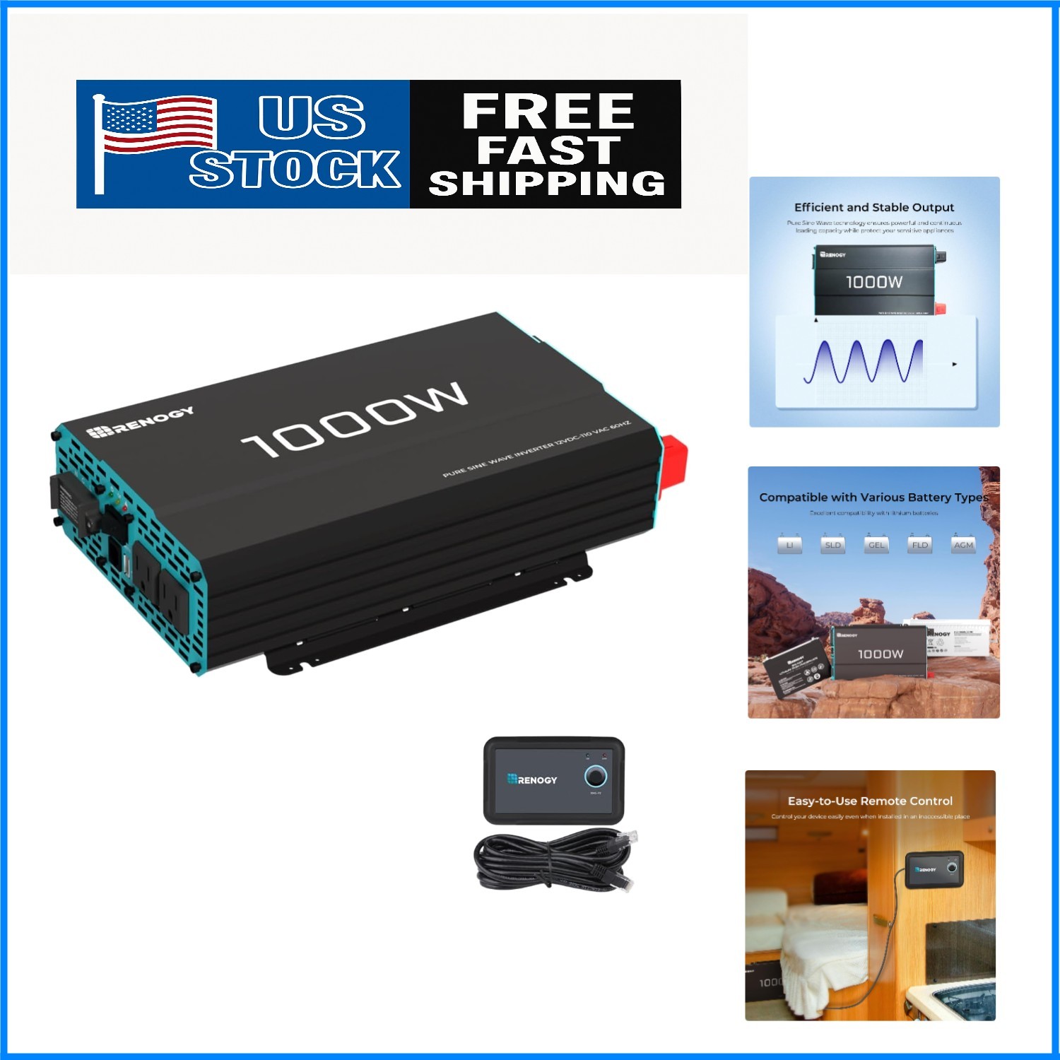 Portable 1000W Off-Grid Inverter – 12V to 120V AC Power with Safety Features