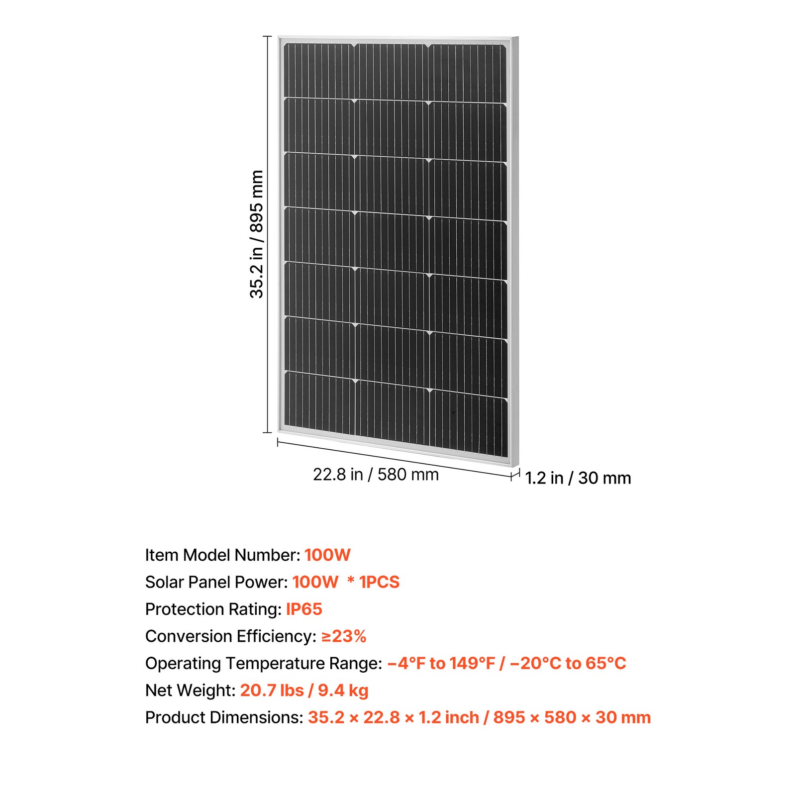 Uimoso 100W Monocrystalline Solar Panel High-Efficiency PV Module