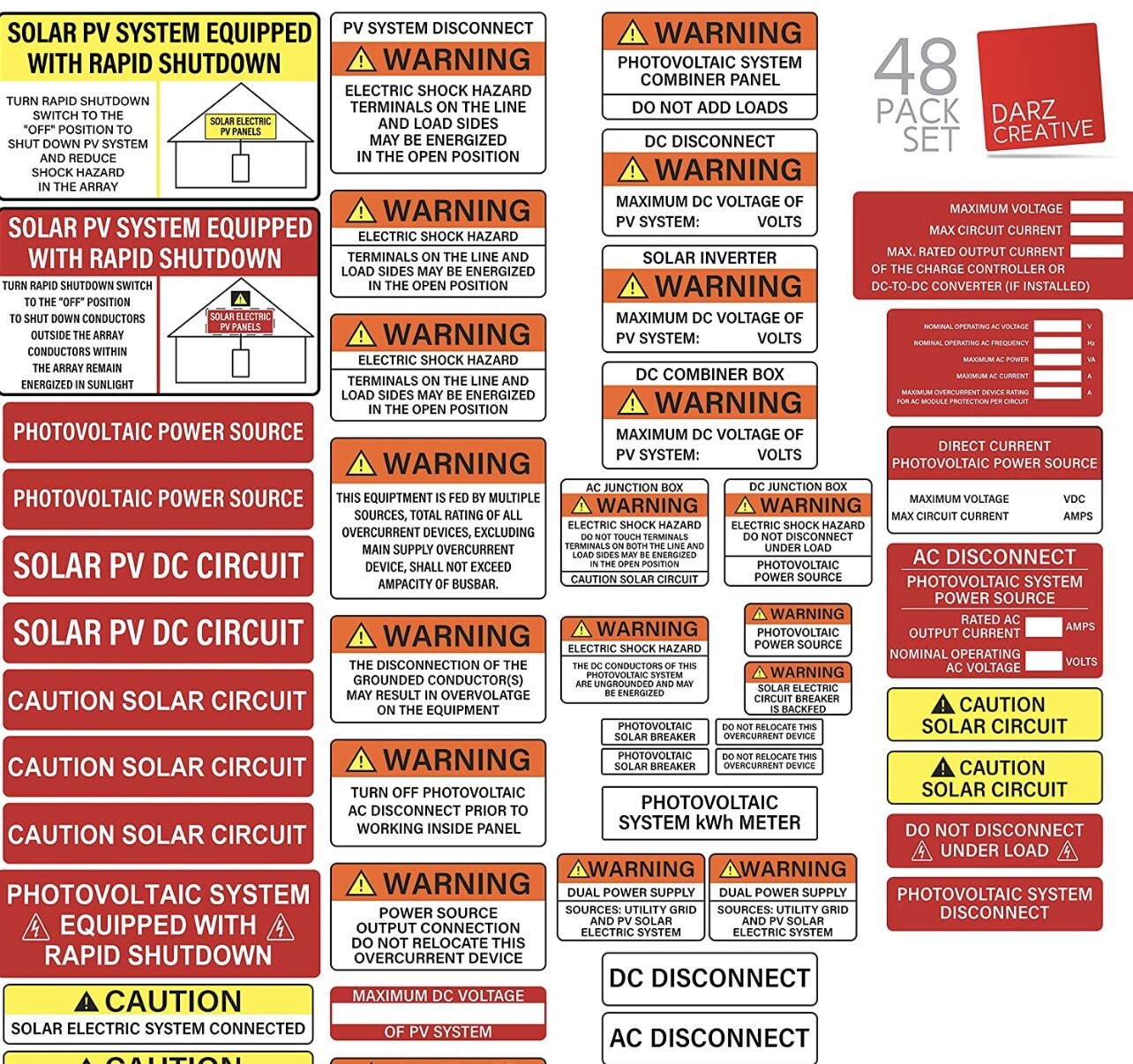 PV Solar System Install Label Kit 48 Pack NEC 2017 2020 Safety Labels Electric