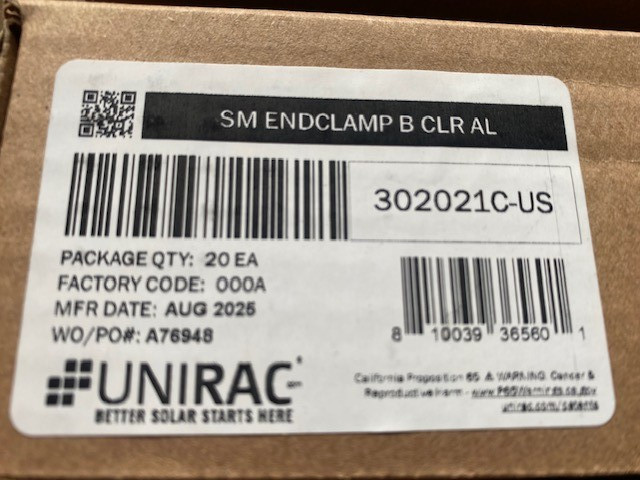 (20 PACK) UNIRAC 302021C Solar End Clamp, Alum, Clr
