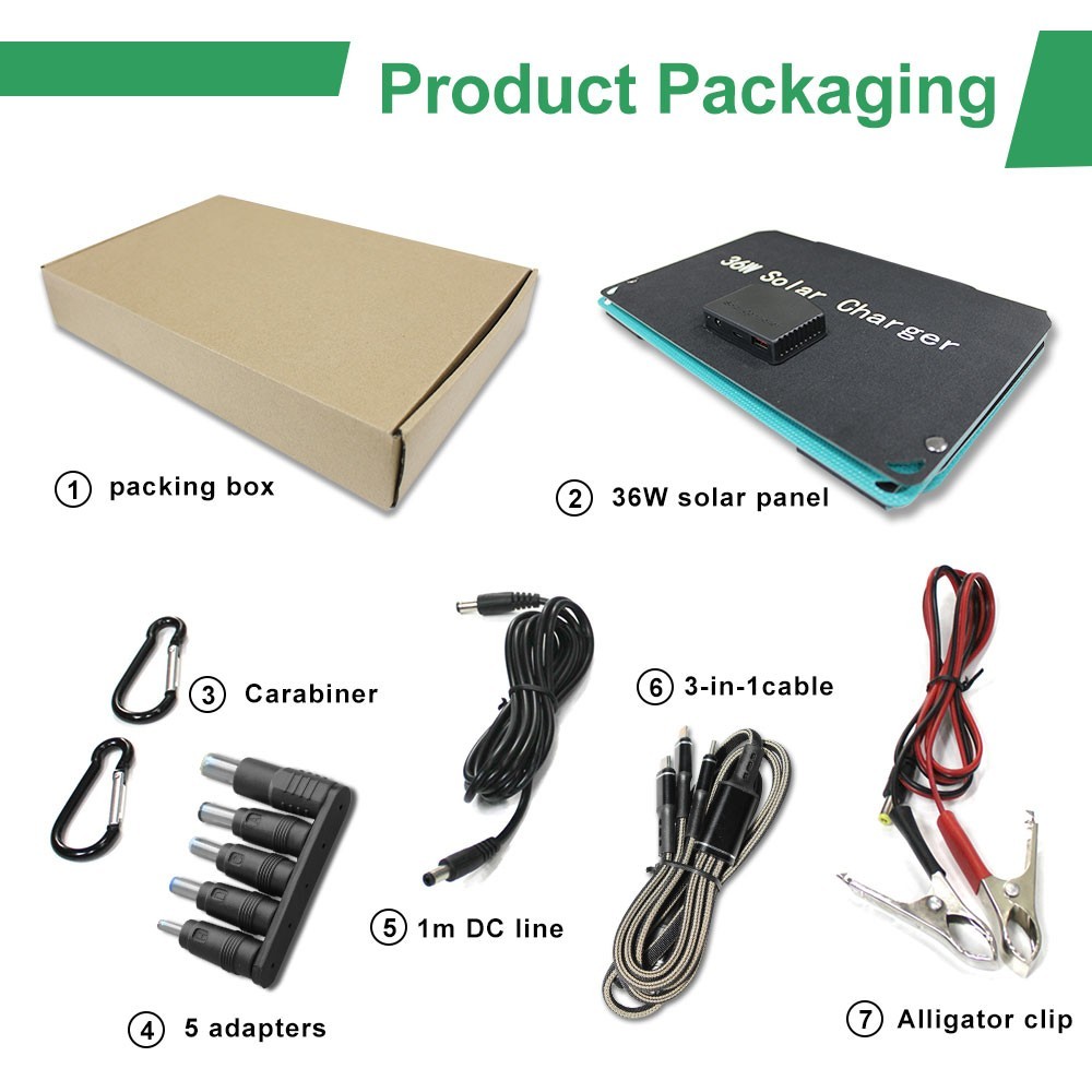 36W Folding Solar Panels 5V 2.5A USB Output Portable Outdoor Camping Sun Power