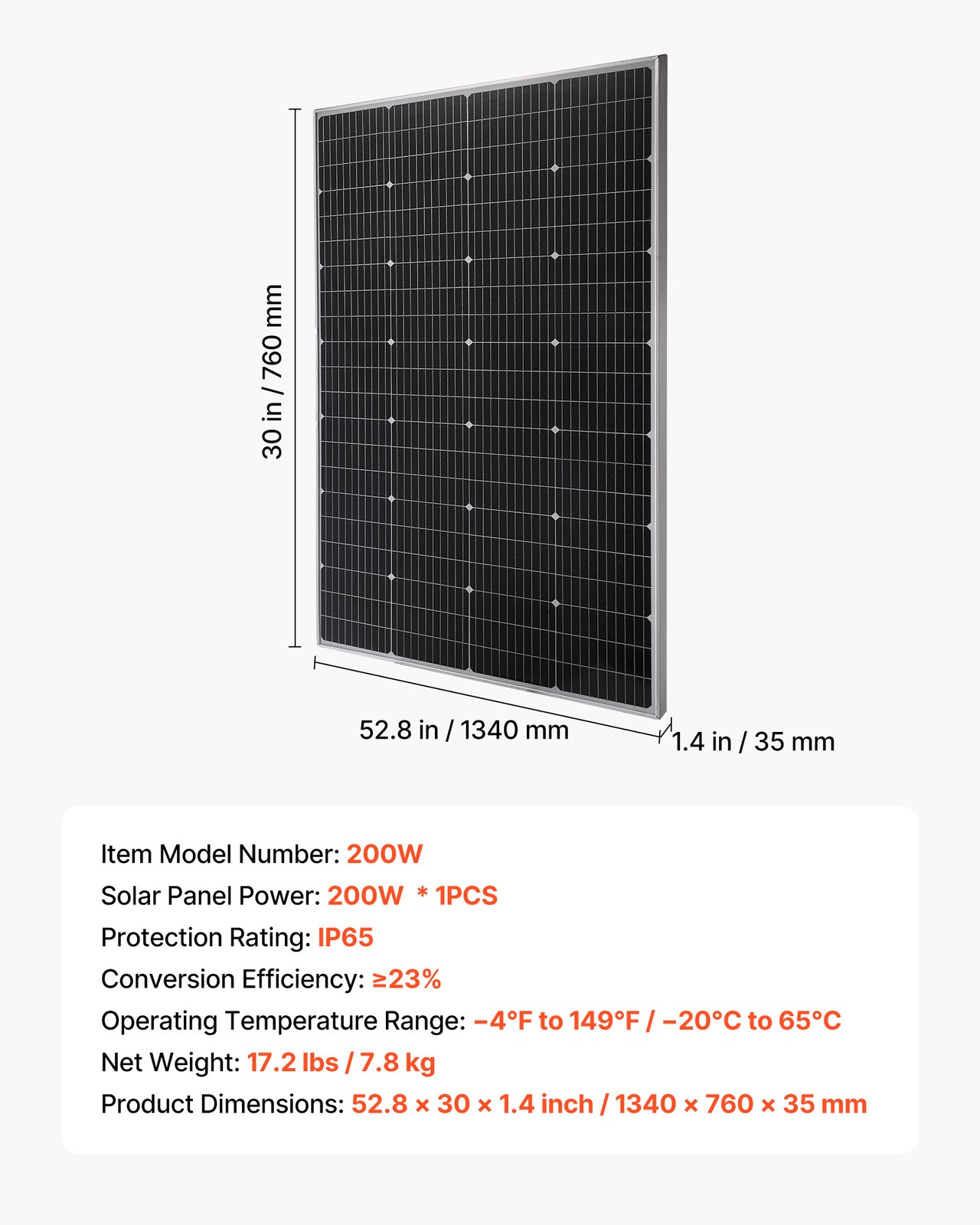 VEVOR 200W Monocrystalline Solar Panel High-Efficiency PV Module Solar Panel