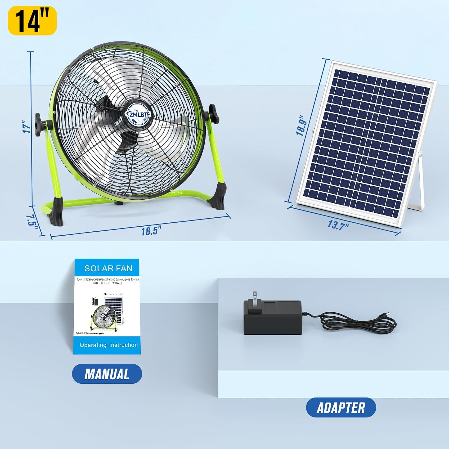 14″ Solar Powered Fan with 20W Solar Panel & Rechargeable Battery, Portable, Qui