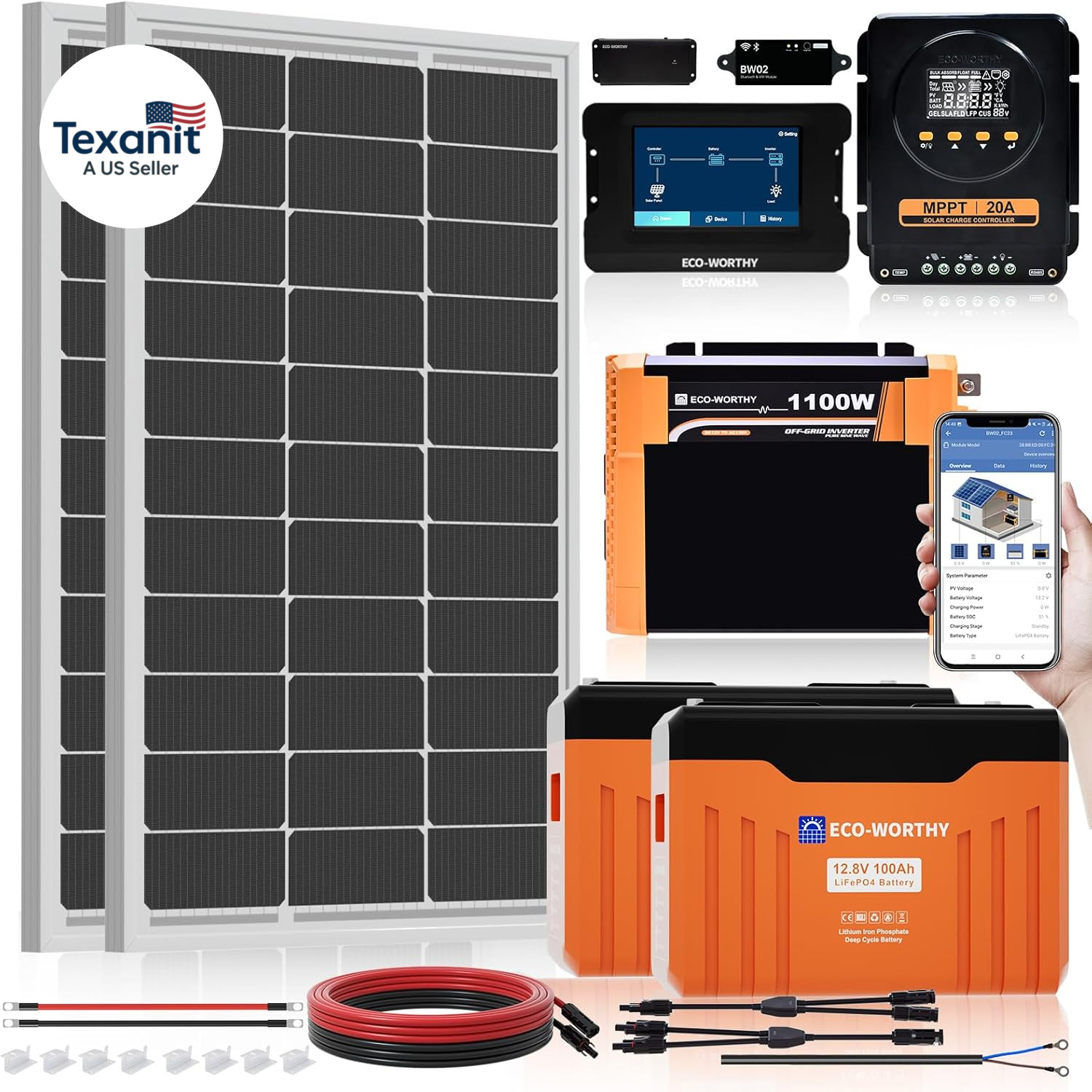 ECO WORTHY 12V 200W Solar Panel Kit with Battery and Inverter for RV off Grid:2P