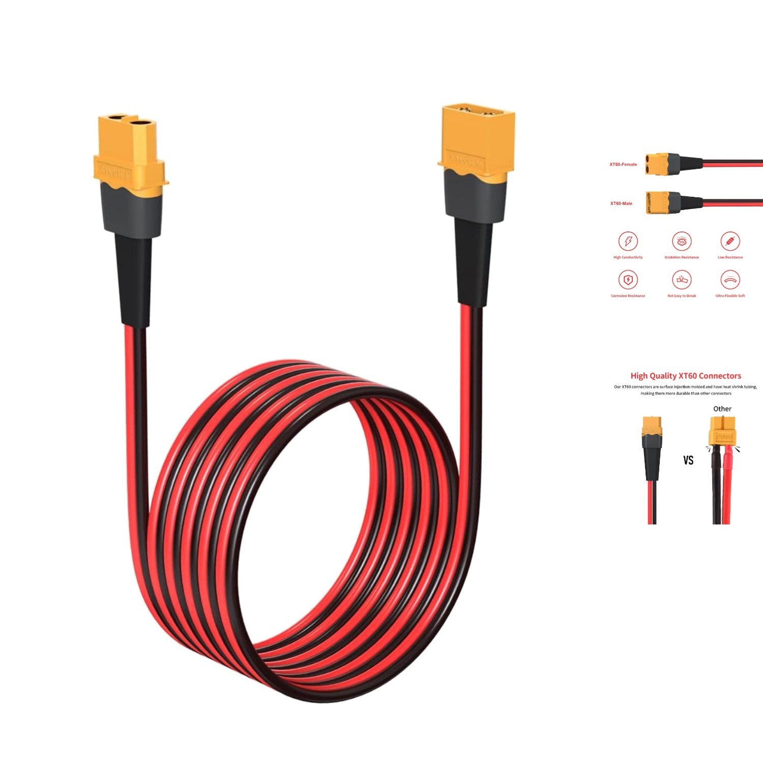 Effortless 10FT XT60 Extension Cable: 12AWG Tinned Copper for Optimal Power Flow