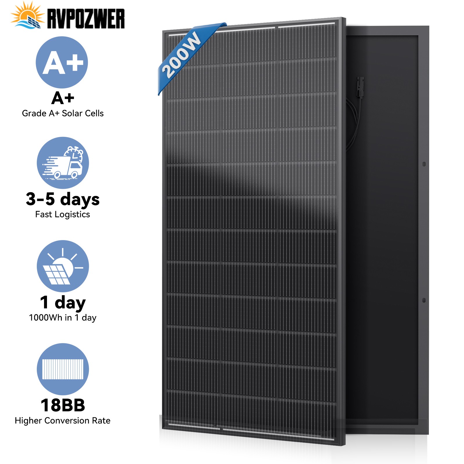 12V 200W Solar Panel Mono Black N-Type 18BB 25% High-Efficiency Home RV Off Grid