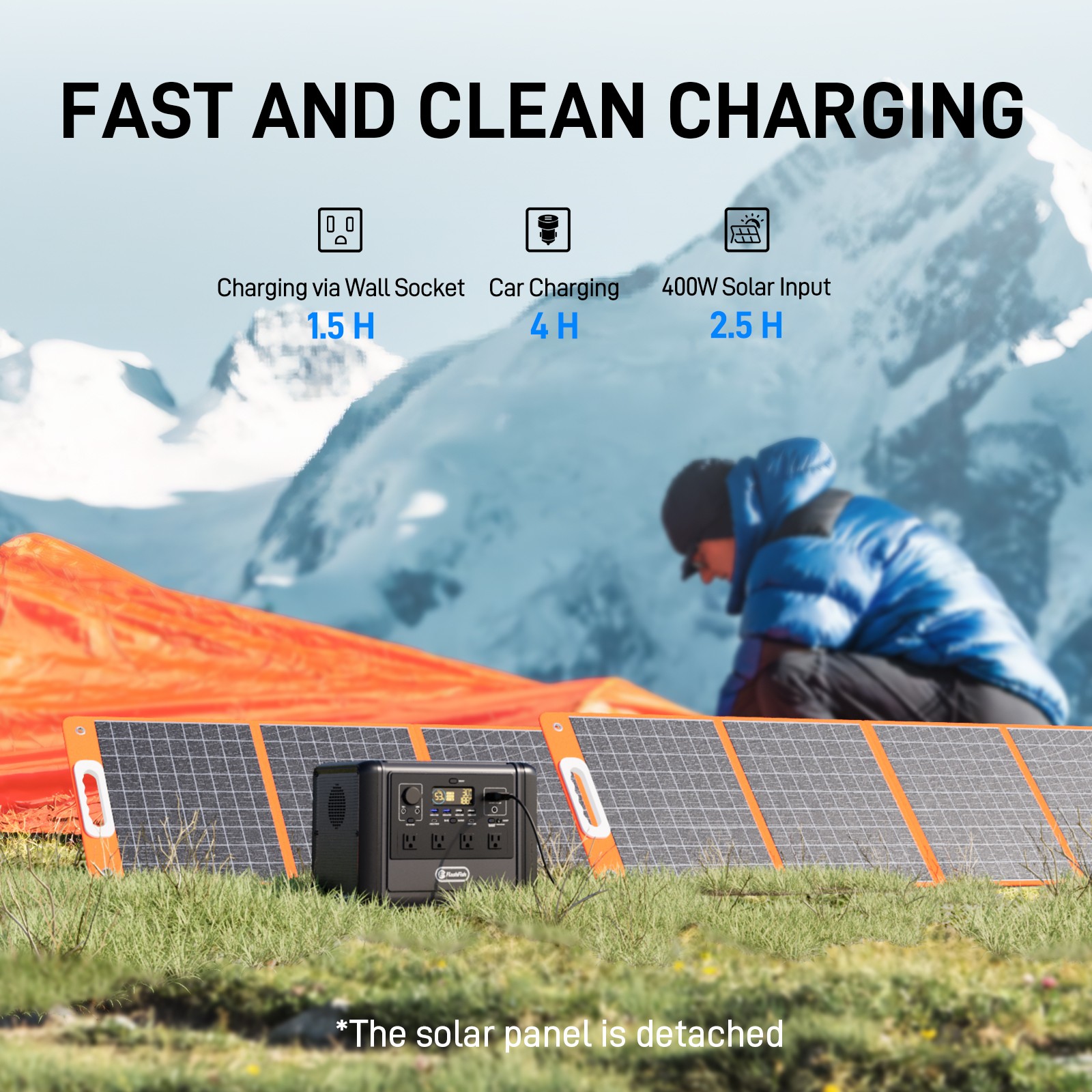 Flashfish T1200S Portable Power Station 1200W 768Wh With 2*Solar Panel 100W 18V