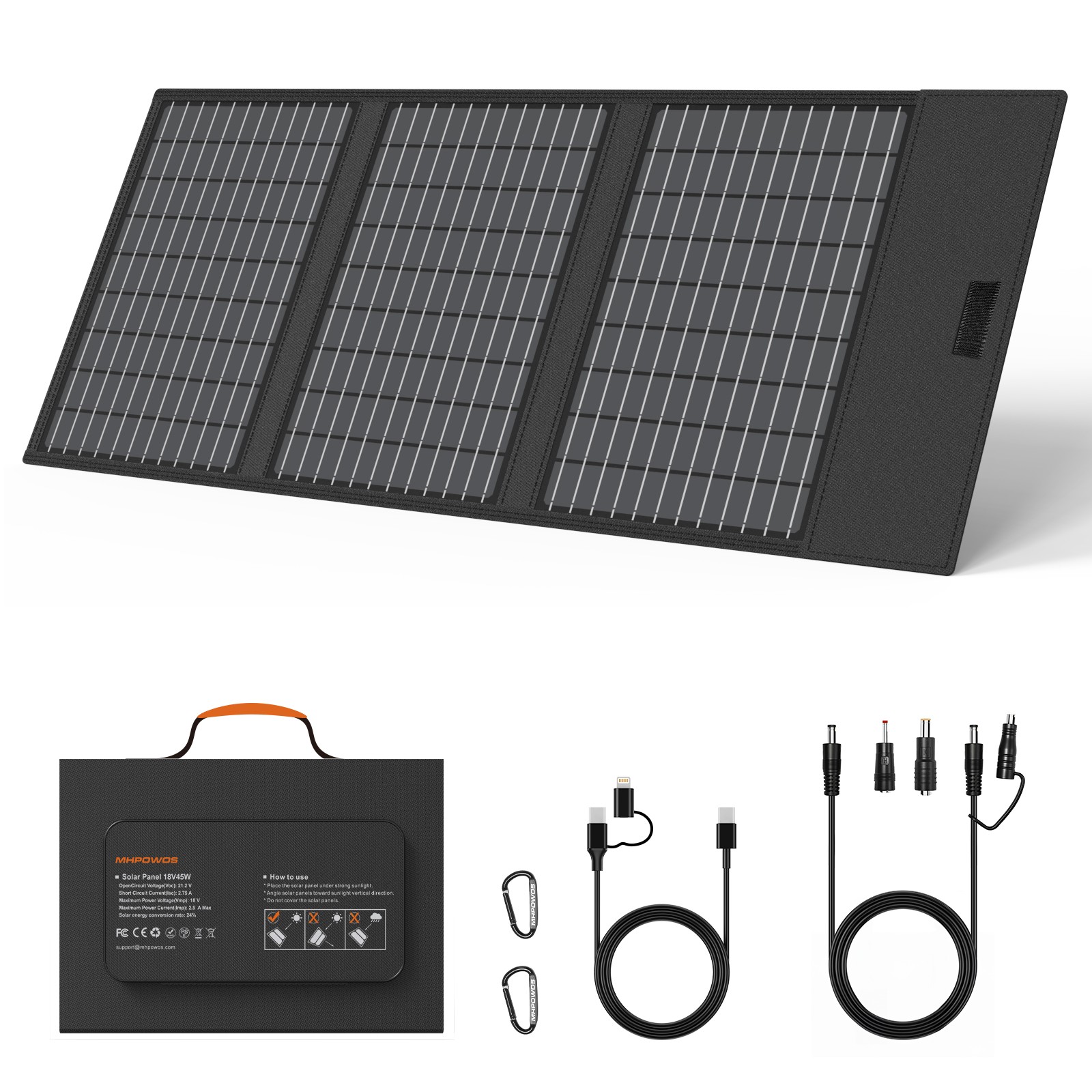 45W Camping Solar Panel full black USB C Portable Charger for Phone Power Bank