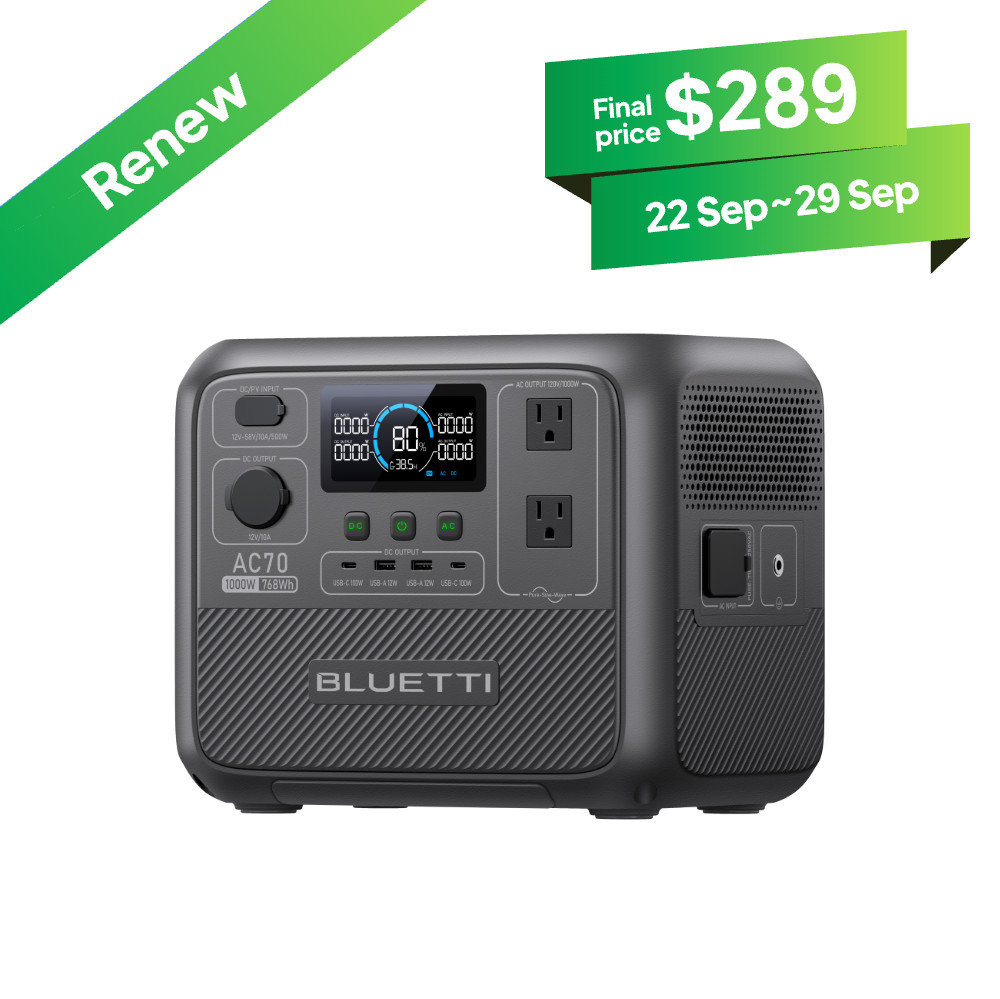 BLUETTI AC70 1000W 768Wh Portable Power Station Solar Generator for Outdoors