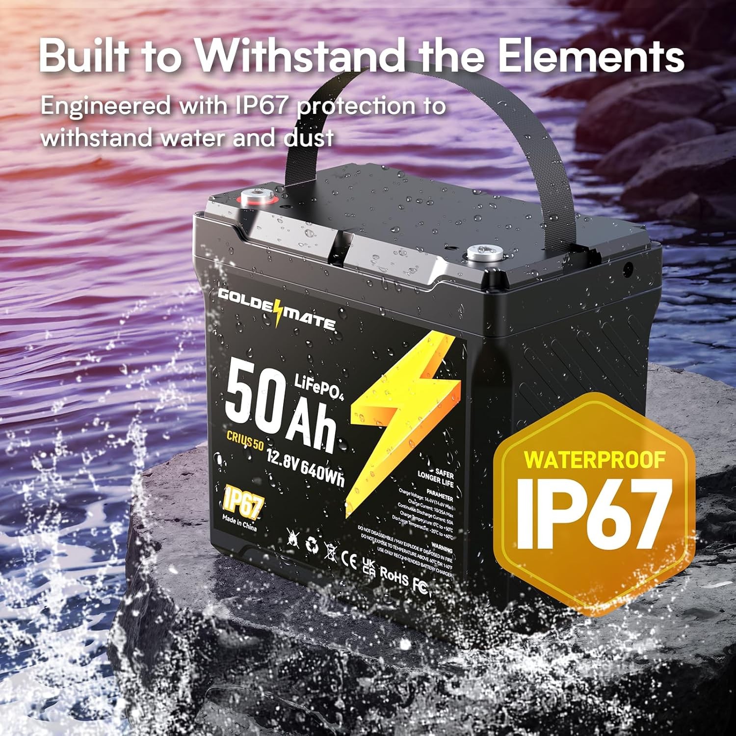 GOLDENMATE 12V 50Ah LiFePO4 Battery IP67 Waterproof Lithium Deep Cycle 640Wh