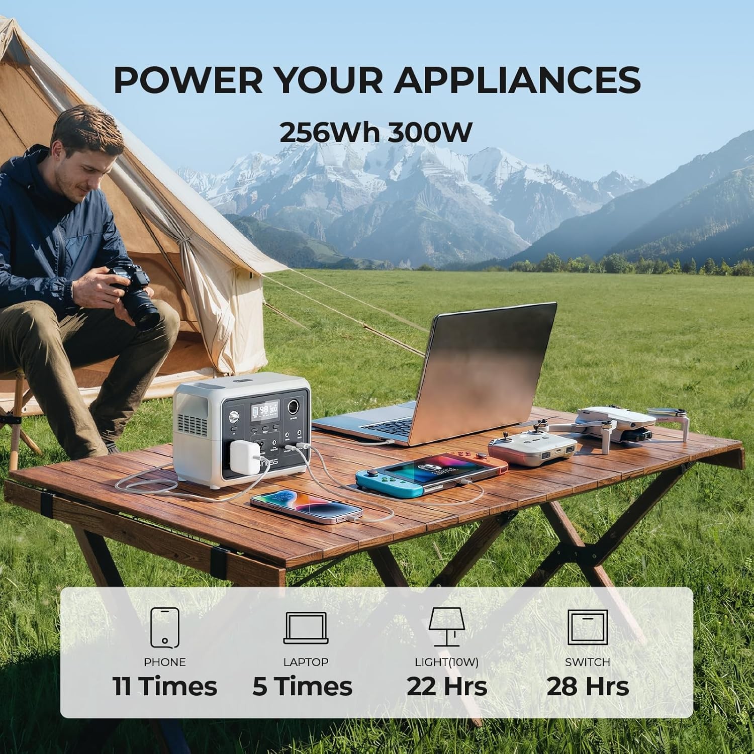 DYNESS Portable Power Station 300W 256Wh Solar Generator LiFePO4 Camping Backup