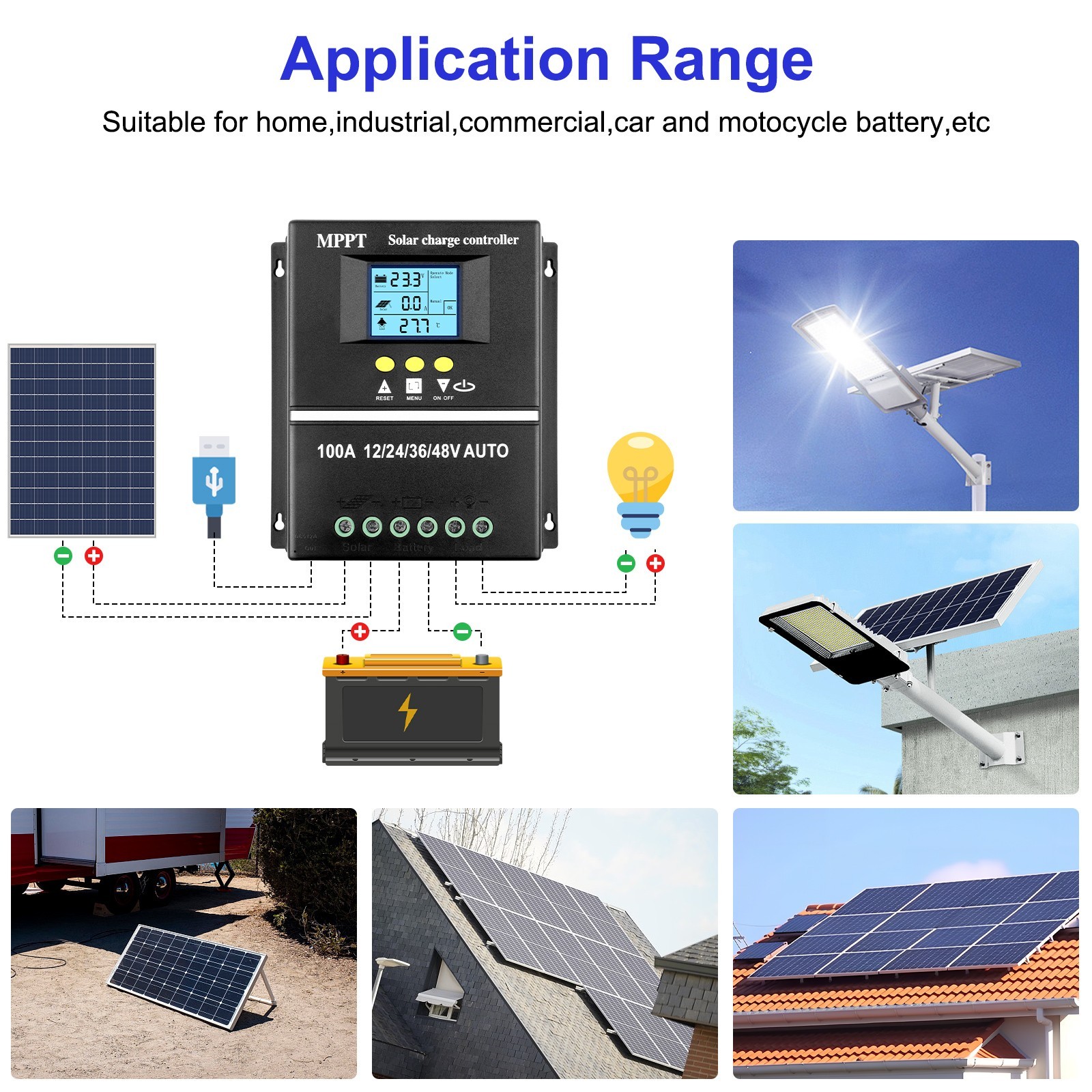 Solar Controller for 12V 24V 36V 48V Systems with LED Display and USB Charging