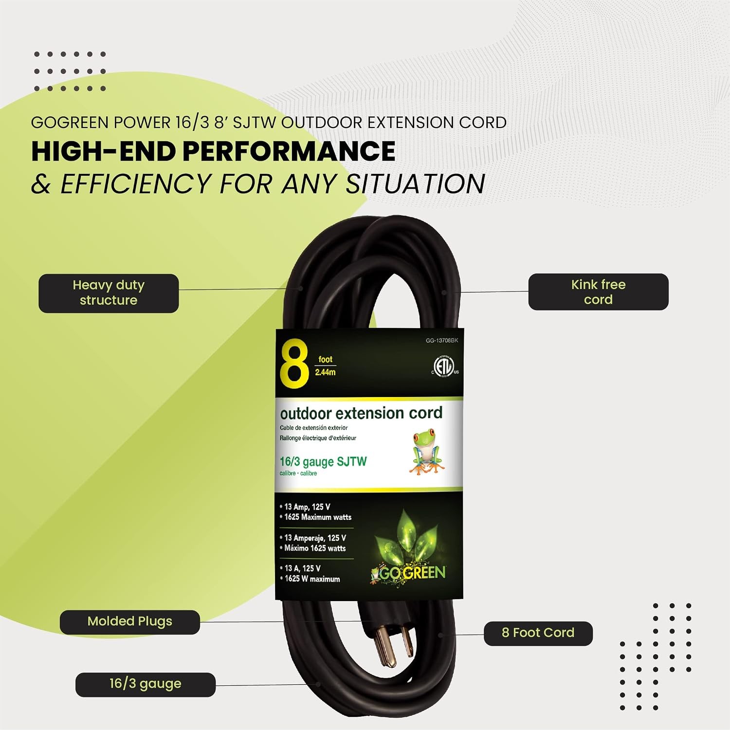 Go Green Power Inc. (GG-13708BK) 16/3 SJTW Outdoor Extension Cord, Black, 8 ft