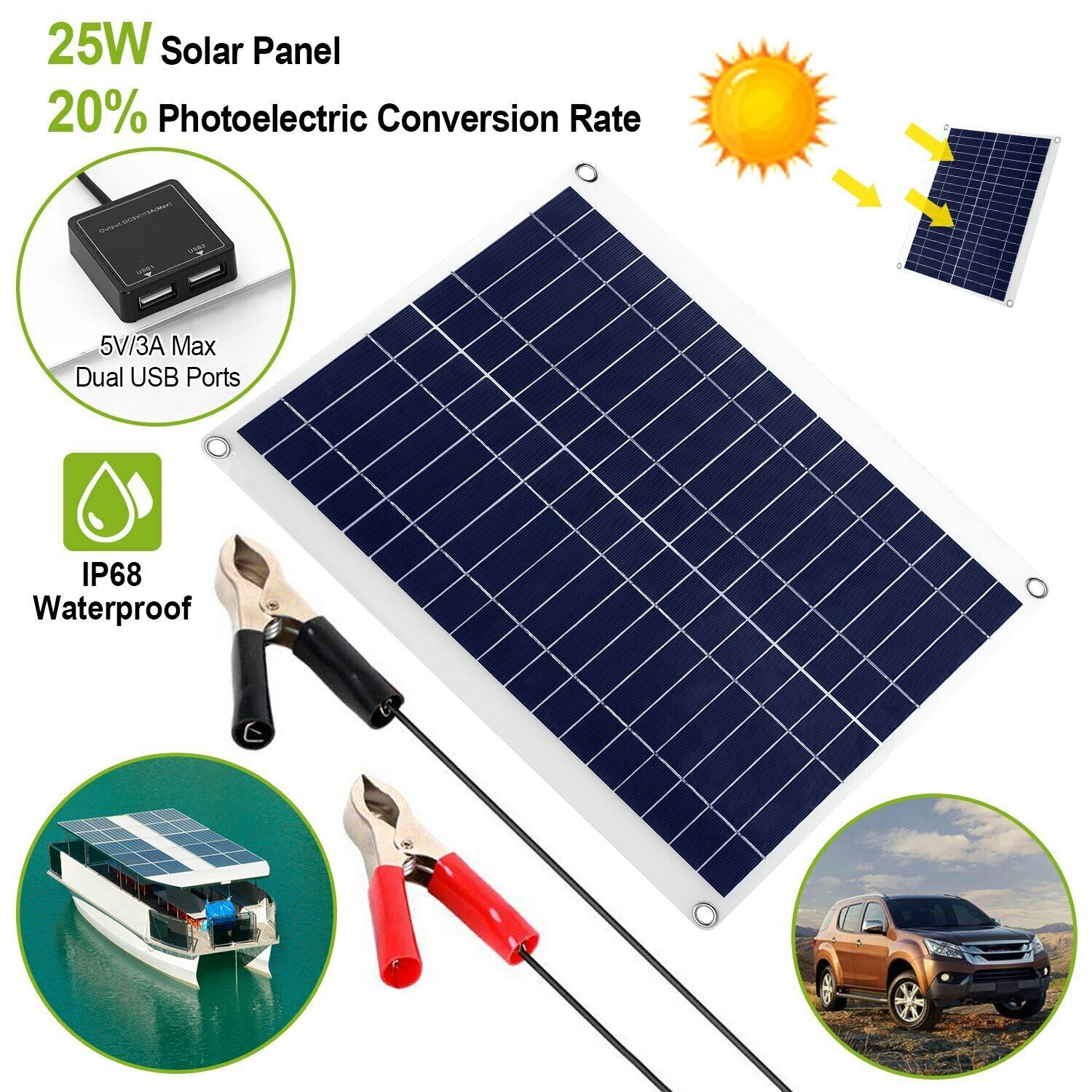 iMountek 25W 12V Solar Panel Battery Maintainer Charger for Car RV Boat IP68