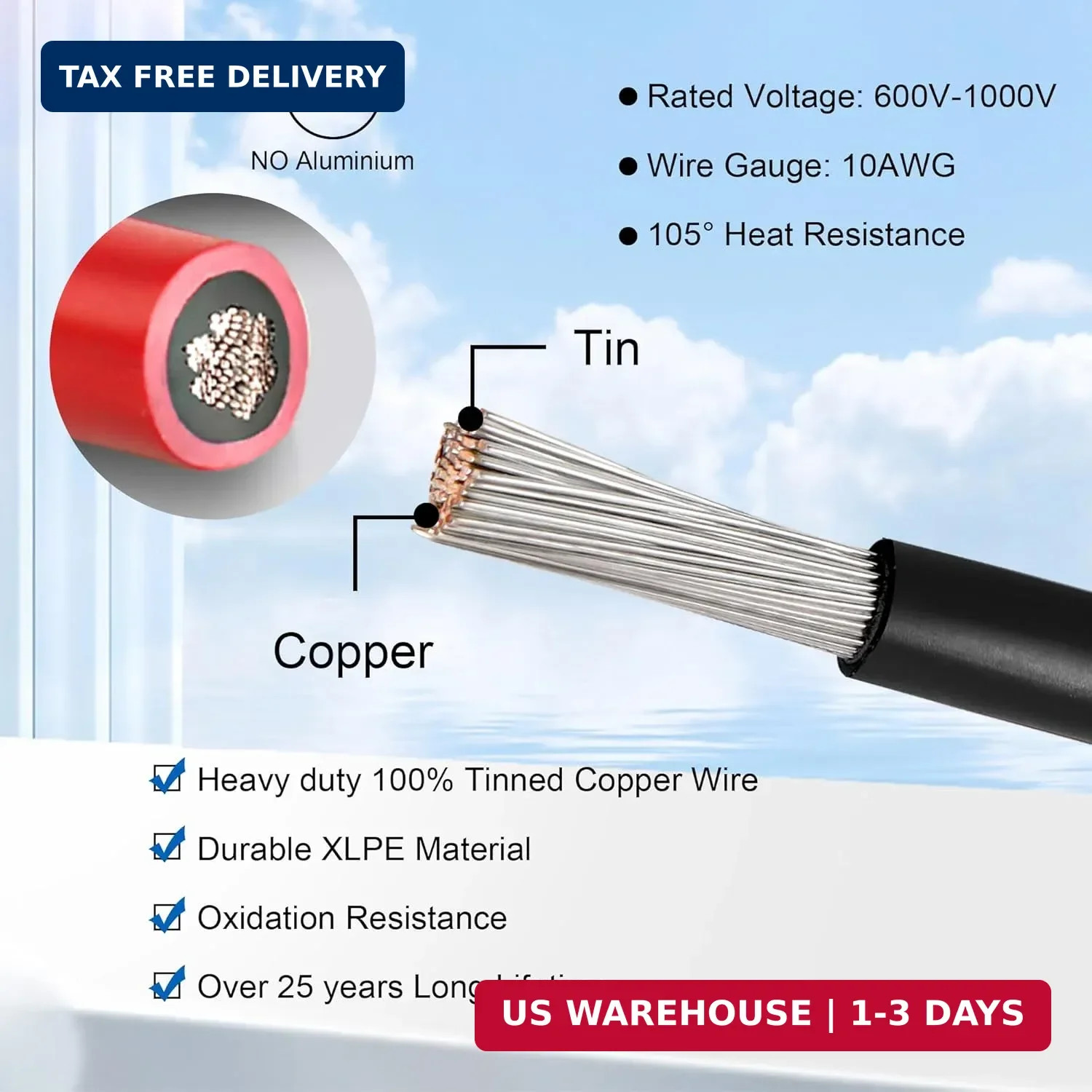 30 FT 10AWG Solar Panel Extension Cable,10 Gauge Extension Cord,5FT 10FT 20FT 30