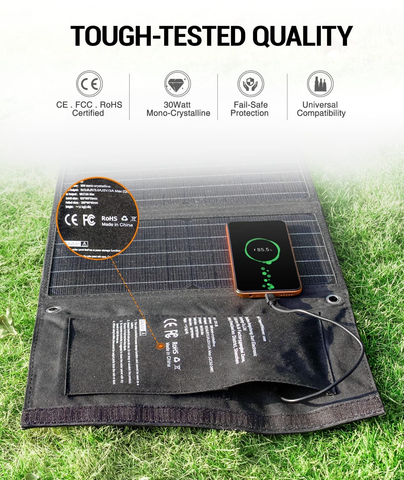 30W Solar Charger USB-A QC3.0 24W USB-C DC 30W Outputs, Foldable Solar Panel