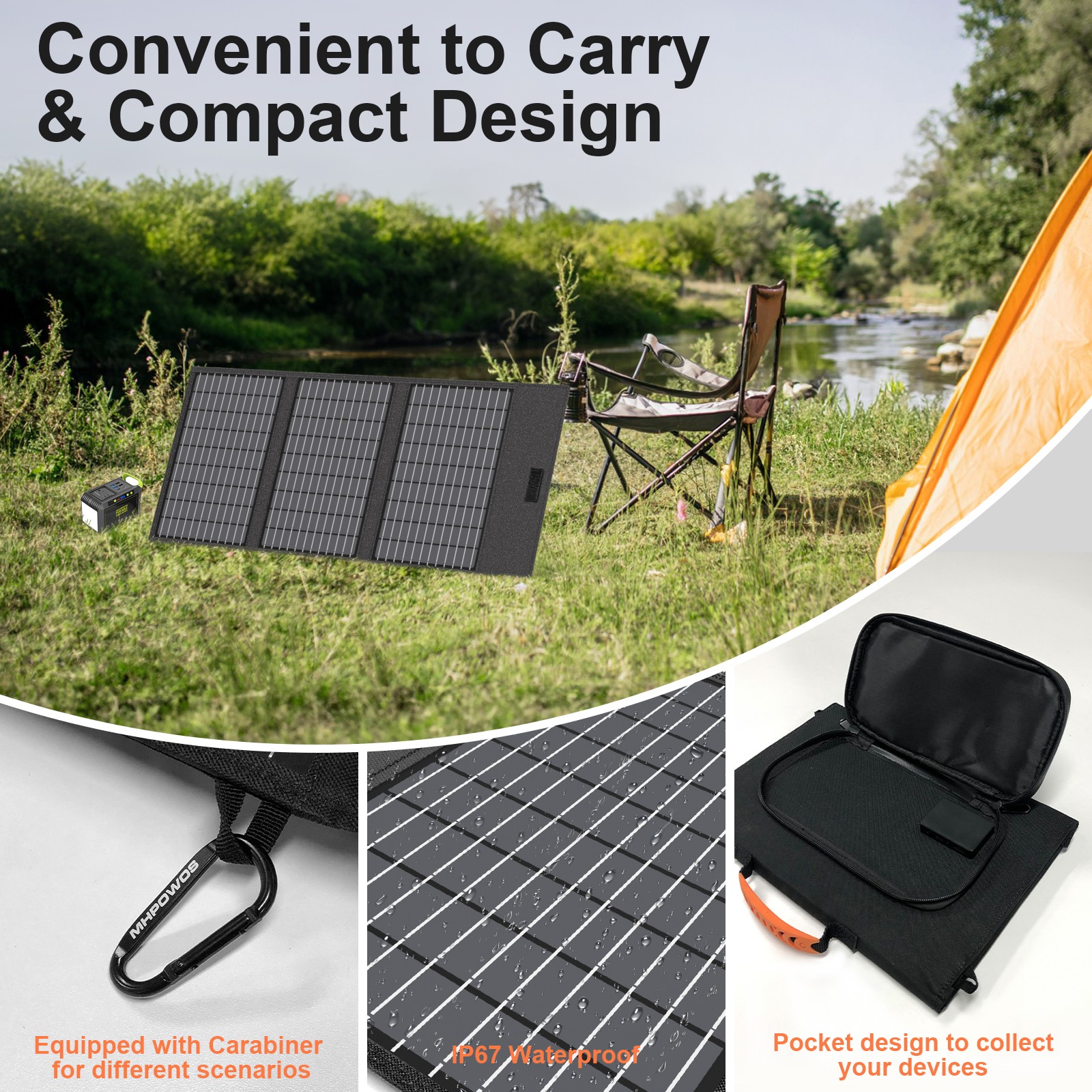 45W Camping Solar Panel full black USB C Portable Charger for Phone Power Bank