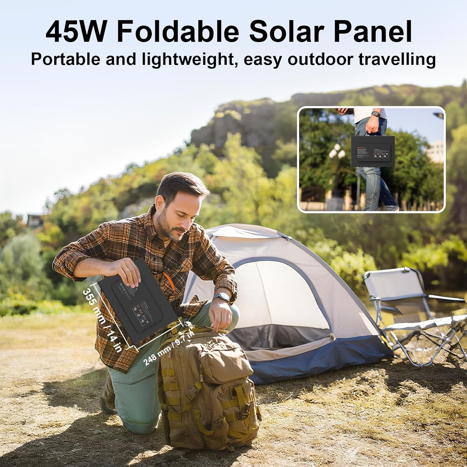 45W Portable Solar Panel Charger with USB-C, USB-A and DC Outputs 18V Foldable I
