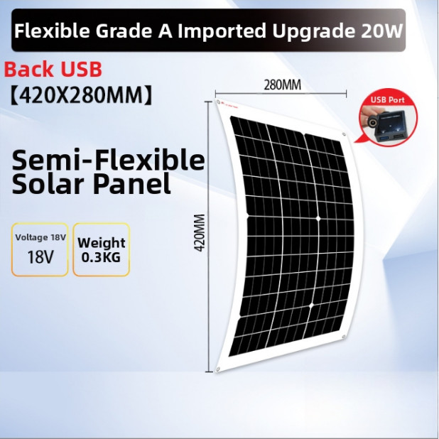 20 Watt Flexible Solar Panel with Dual USB Ports 18 Volt for Backup