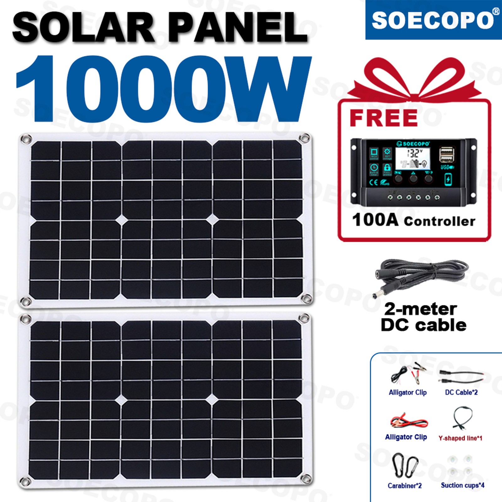 1000W Solar Panels – 2 x 500W Lightweight PV Panels + Y-Cable for Outdoor