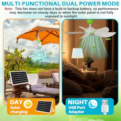 Set Solar Ceiling Fan Kit with5w Panel, USB Hanging Fan5.74” Dual Power 1