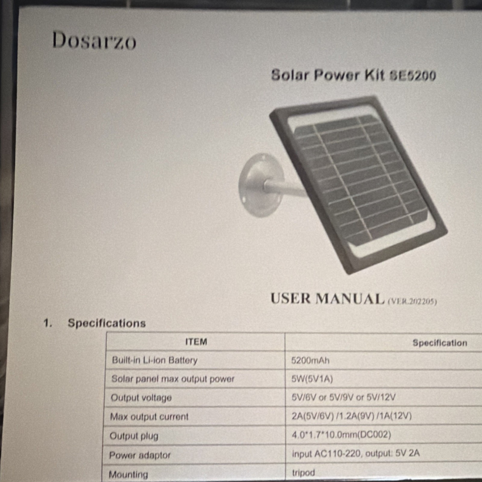 Dosarzo SE5200 Portable Solar Panel Kit 5200mAh 5W 5V-12V for Home Garden