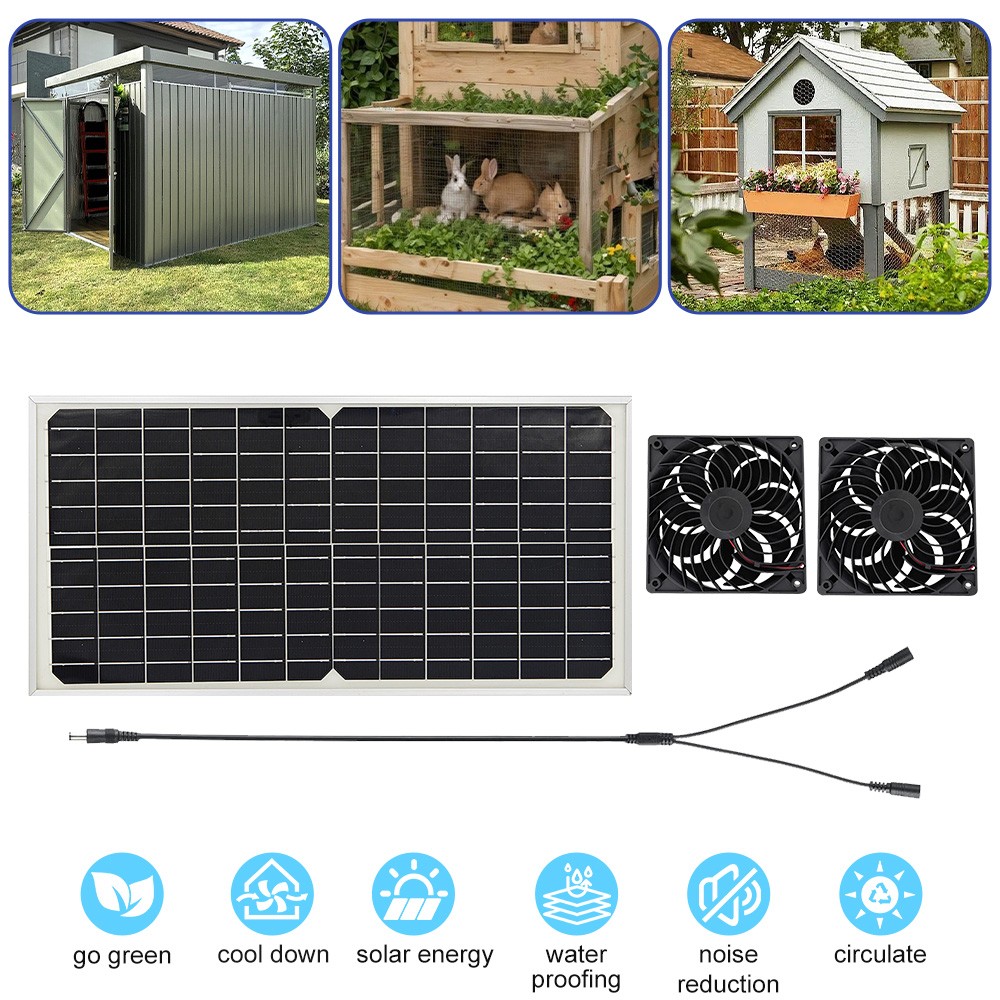 Solar Powered Fan 30W Solar Panel Dual Exhaust Fan for Chicken Coop Waterproof
