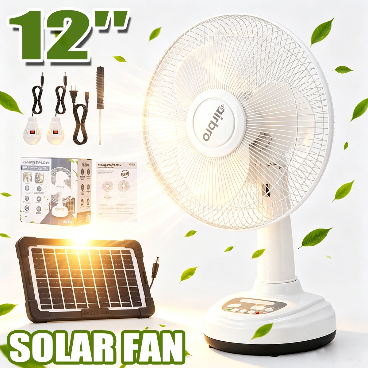 Portable Personal Desk Fan 2 Speed 12in Solar Rechargeable Fan w/ 2 Light Bulbs