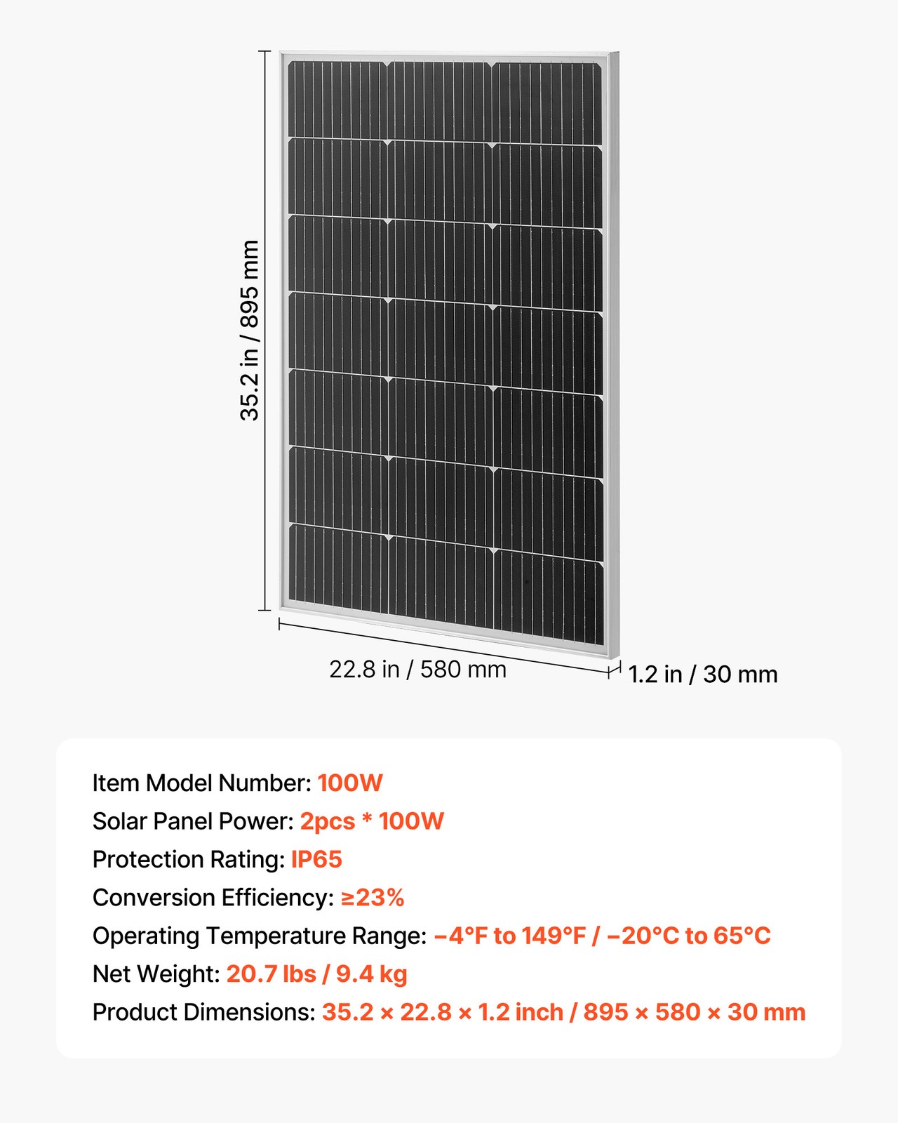 VEVOR 2PCS 100W Monocrystalline Solar Panels PV Module with MC4 Output & Frame