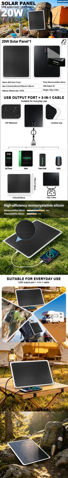 20W Flexible Solar Panel Charger Monocrystalline with USB Output Fast & Charger