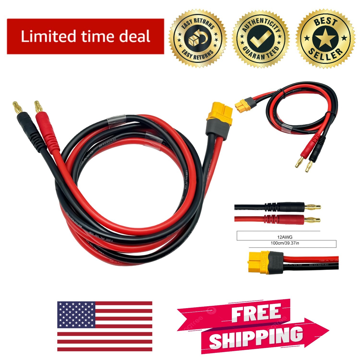3FT/1M XT60H Connector Adapter to 4mm Banana Plugs – Durable & Fast Charge