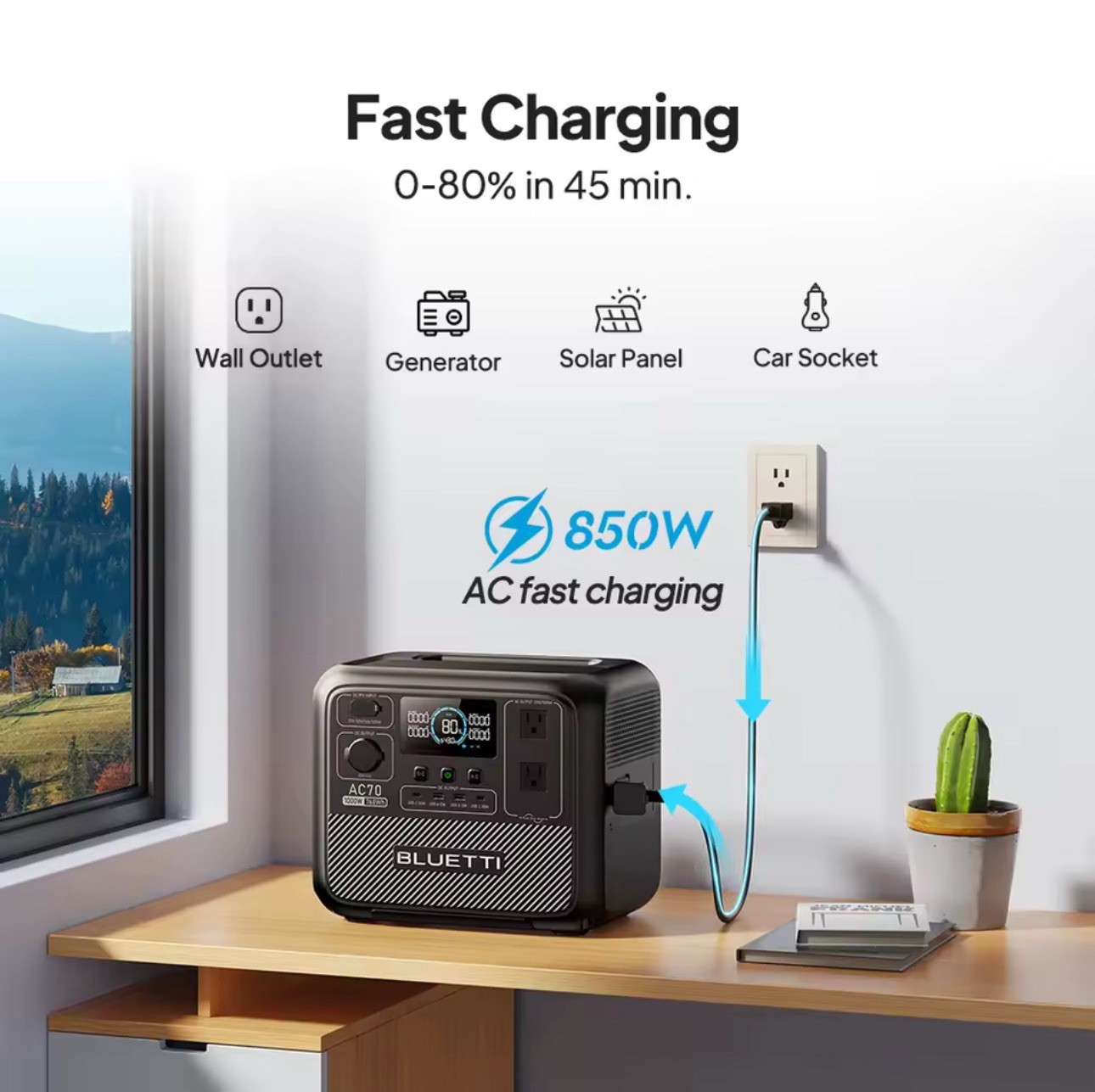 BLUETTI AC70 1000W 768Wh Portable Power Station Solar Generator for Fishing/Trip