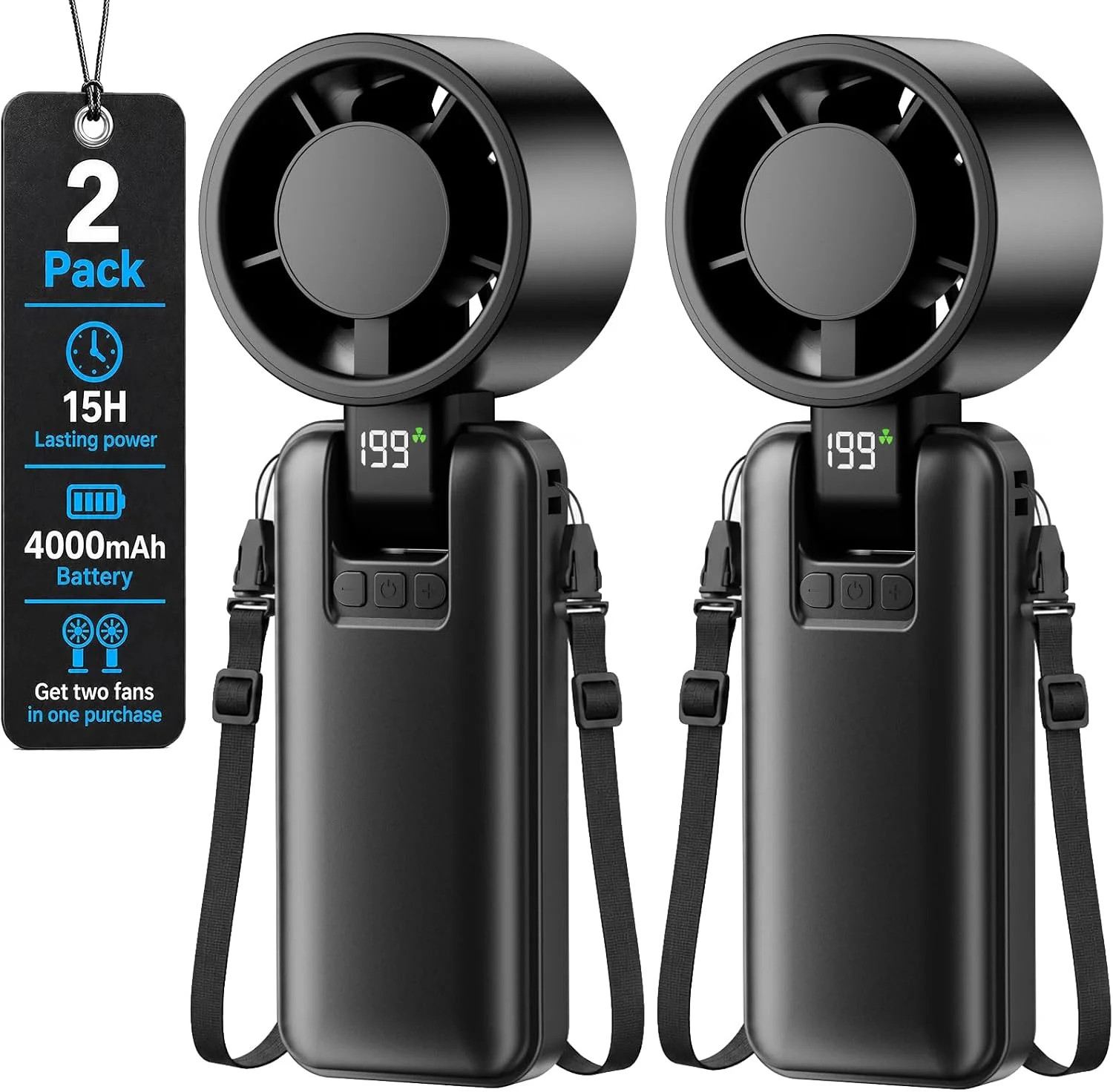 2 Pack Portable Mini Handheld Fan, 199-Level Stepless Speed,Black | 4000mAh Rech