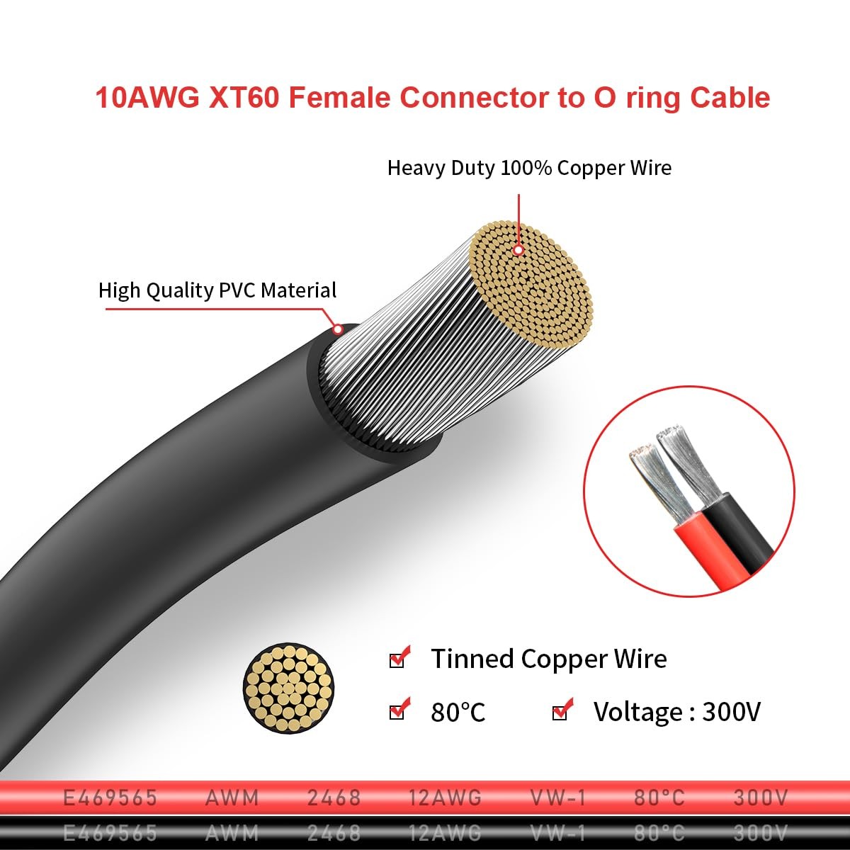 XT60 to O Ring Terminal Cable,10AWG XT60 Female to O Ring Connector Cable wit…