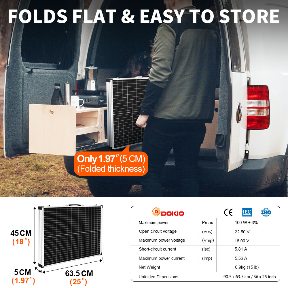 Portable 100W Mono Folding Solar Panel, Rigid for 12V RV, Boat & Emergency Use