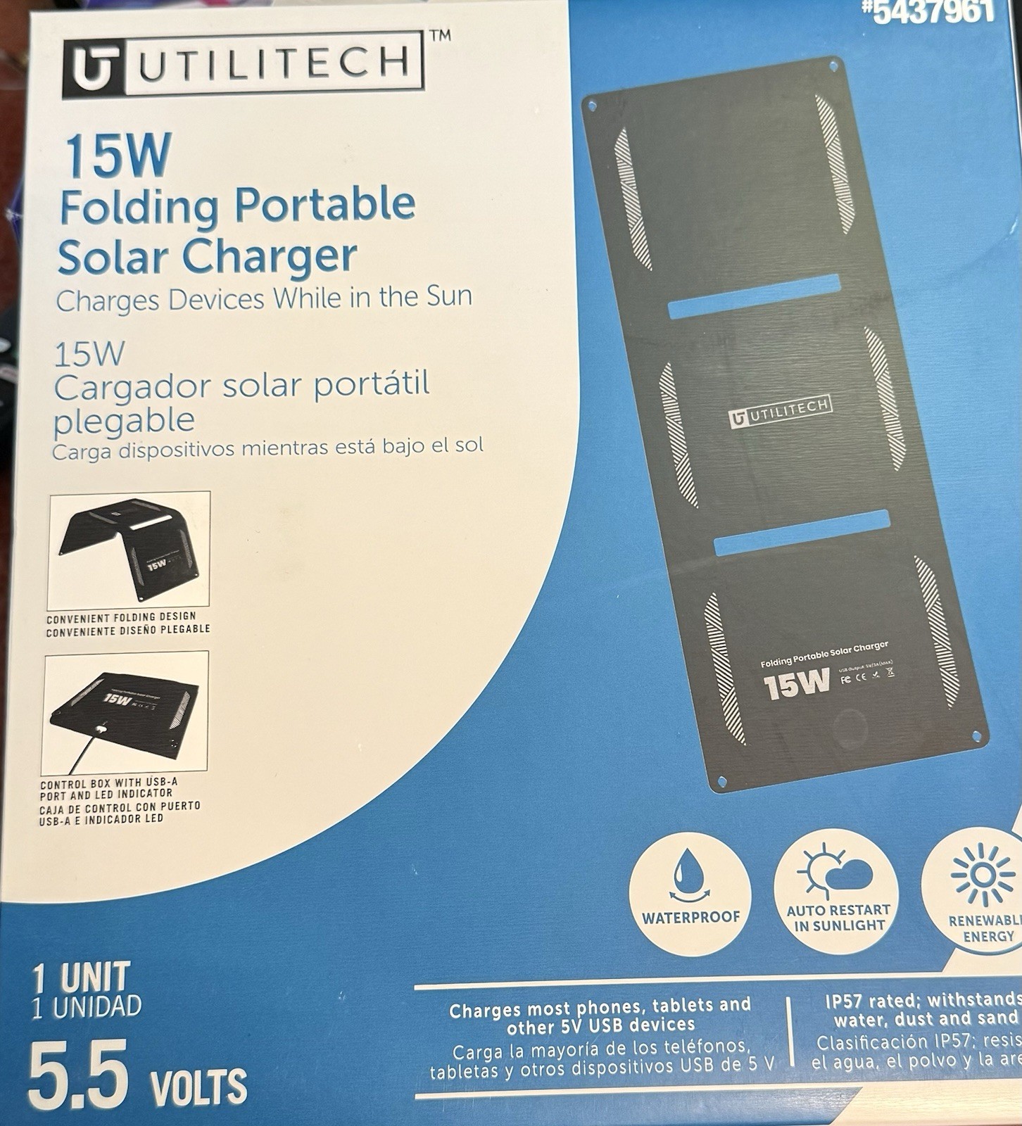 UTILITECH 15W Folding Portable Solar Charger (charges devices while in the sun)