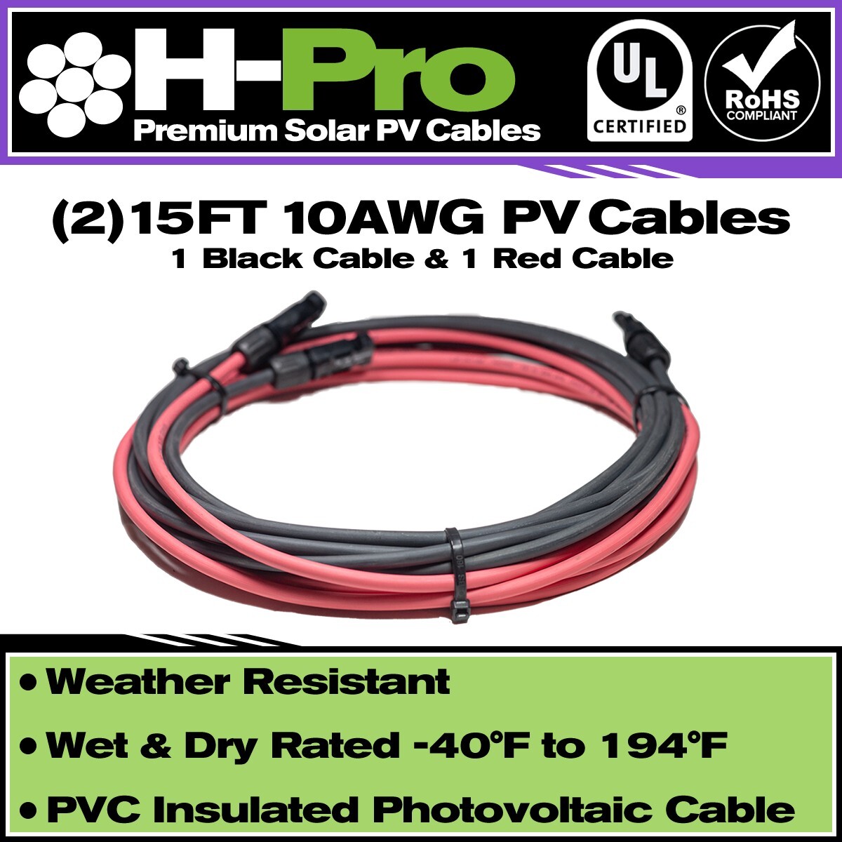 15ft 10AWG H-Pro Premium Solar PV Cables – – Solar Panel Extension Cables