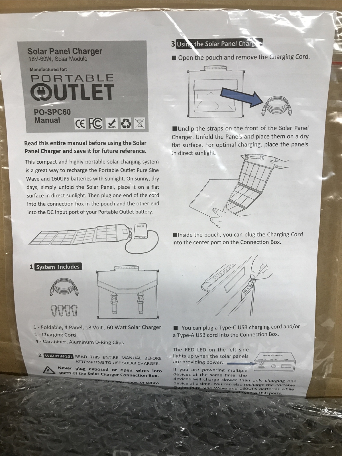 Portable Outlet Solar Panel Charger Model PO-SPC60 18V – 60W New In Box