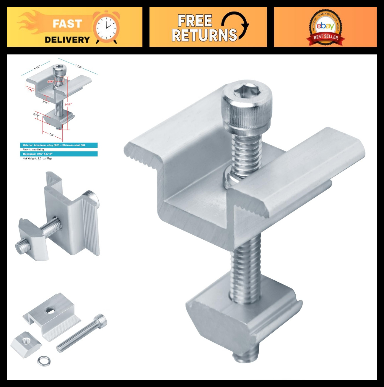12 Pack Solar Panel Mid Clamps – Aluminum Mounting Brackets for 5/8″ to 1-7/8″ F