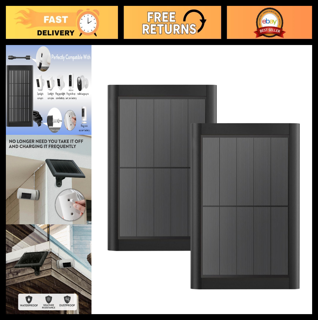 5W Solar Panel Charger for Stick Up Camera & Spotlight Cam – 2 Pack, Black