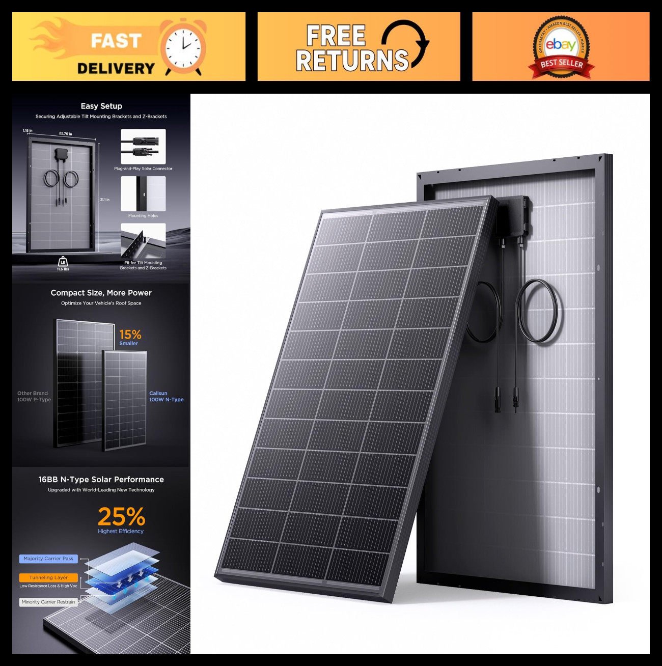 100W Monocrystalline Solar Panel – 25% Efficiency, Compact for RV, Van, Marine,