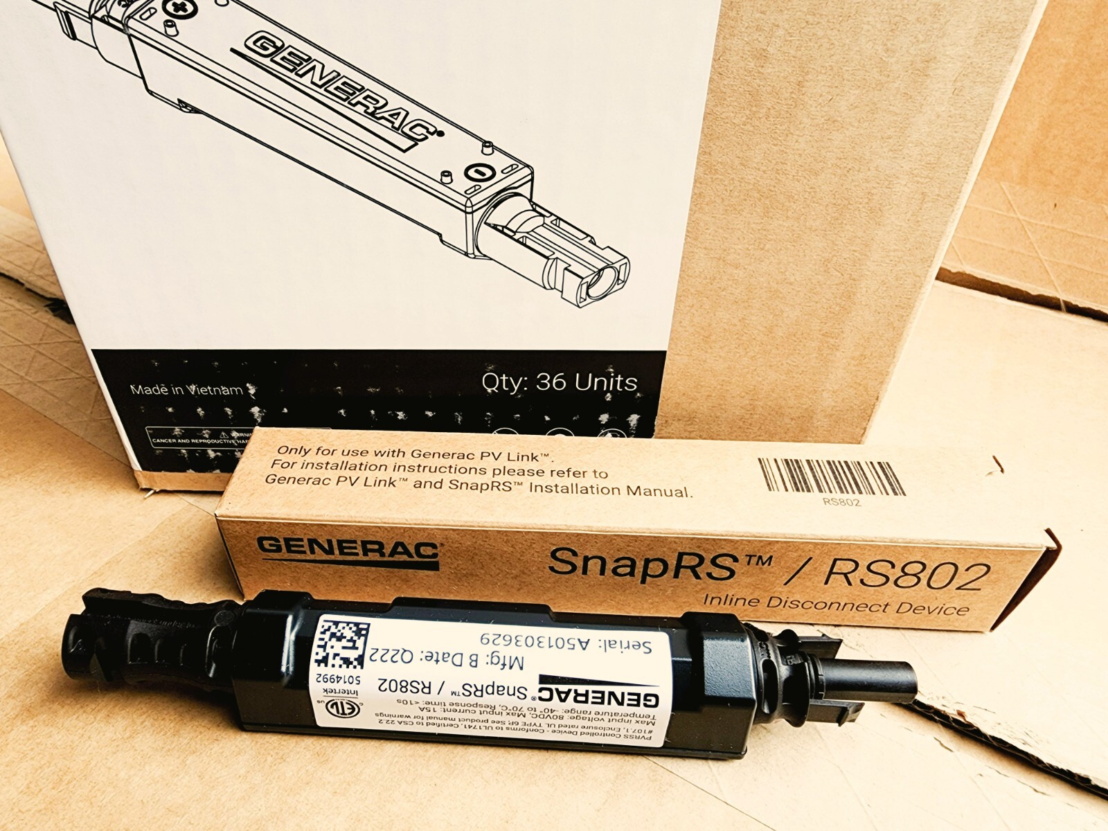 Case Lot of 36- Generac SnapRS RS802 Inline Disconnect Switch