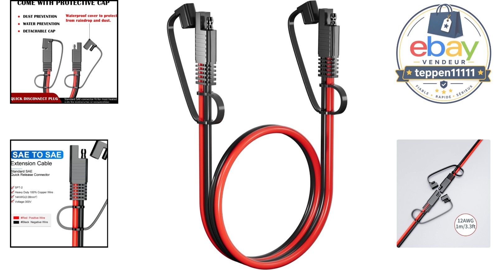SAE Extension Cable 12AWG 3.3FT DC Power Cord
