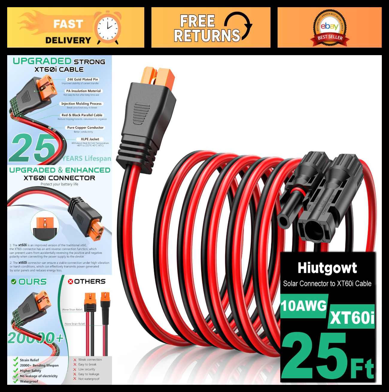 25FT 10AWG Solar XT60i Cable, Solar Panel Connector Extension, Charging Cable fo