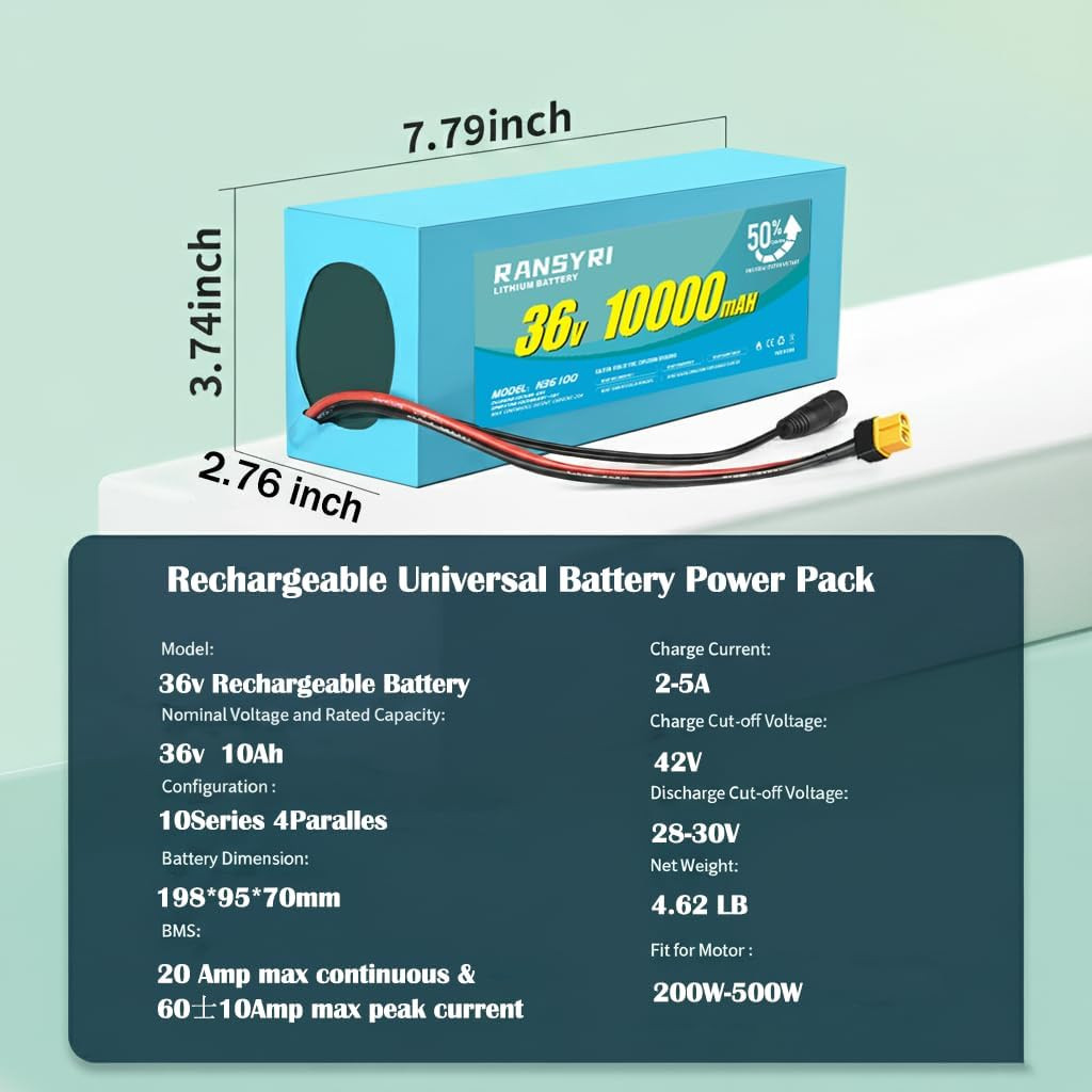 36V 10Ah Universal Battery Pack with 20A BMS – Waterproof PVC Case, XT60 Ready,