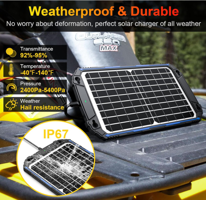 Waterproof 12W 12V Solar Battery Charger & Maintainer Pro, Built-in UltraSmart