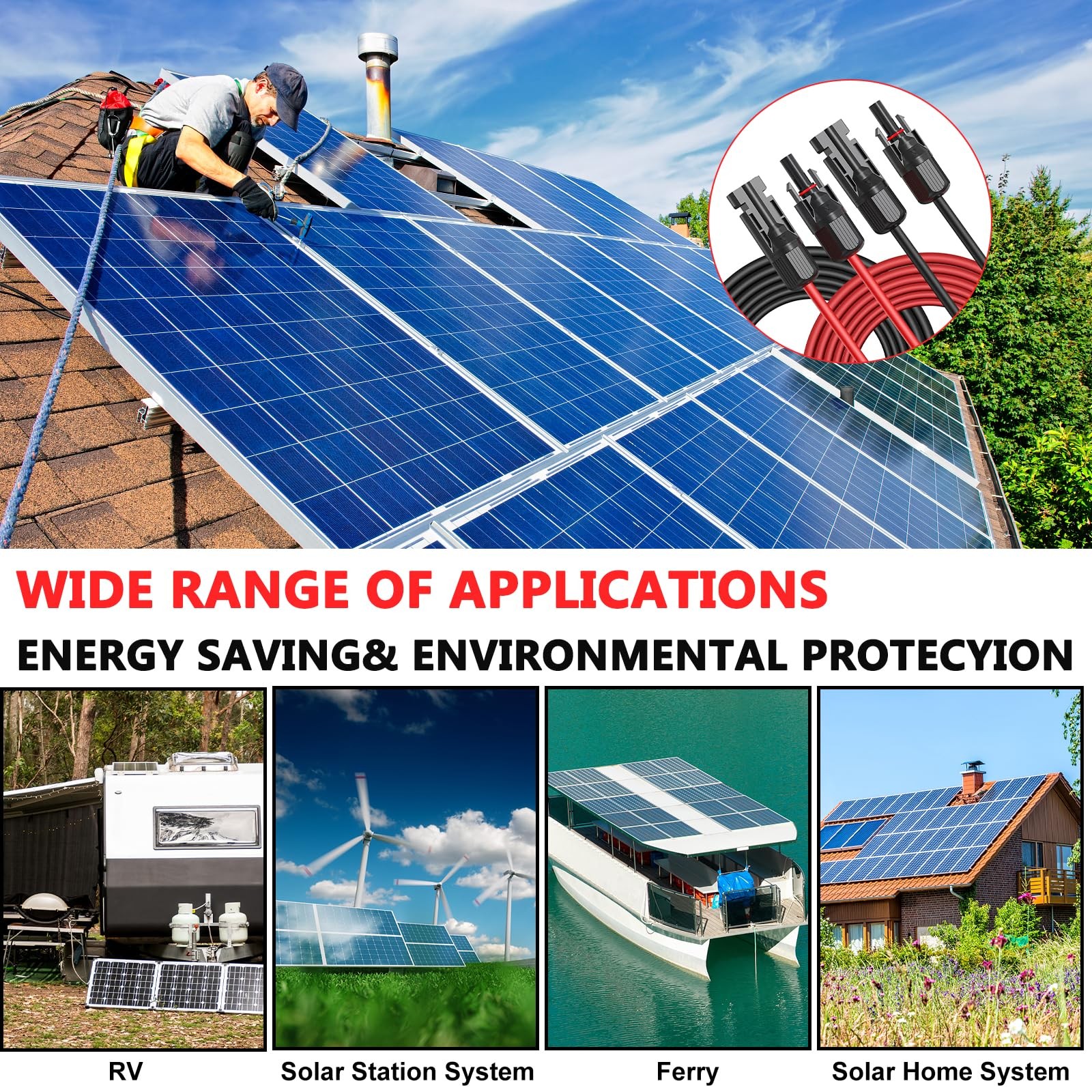 2×30 Feet Solar Panel Extension Cable- 10AWG Solar Cable Solar Panel Cable wi…